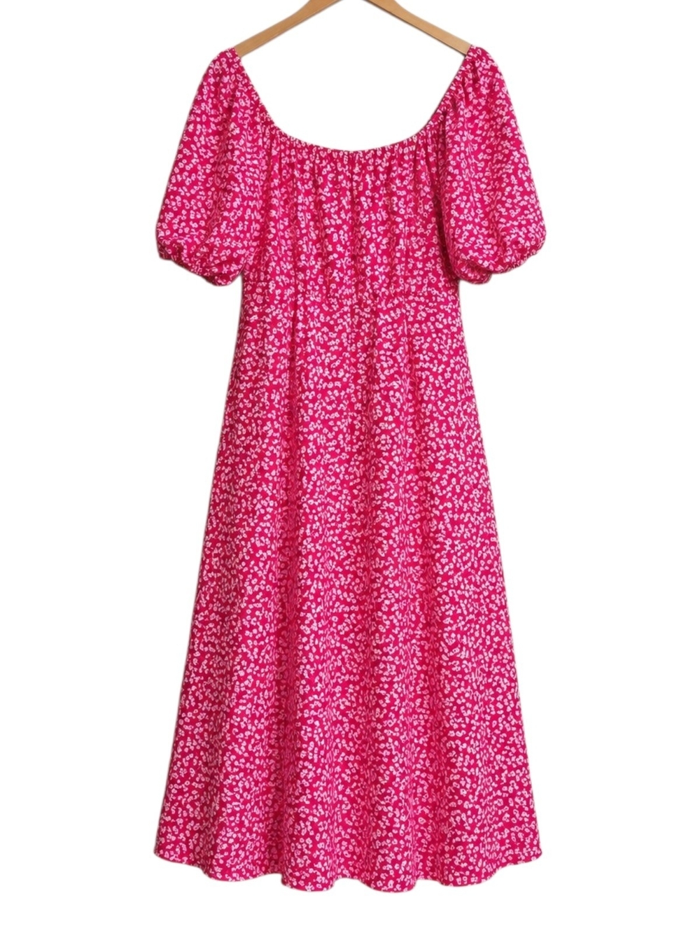 Finjani Plus Size Pink Floral Midi Dress Puff Sleeve Side Slit. Size 1XL - Picture 5 of 8